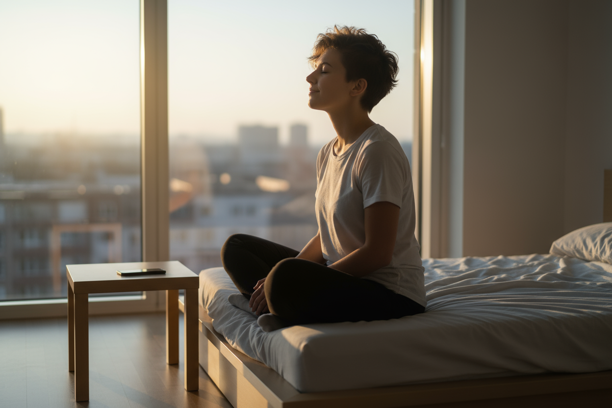 🔹 Scene:
A young adult (gender-neutral or androgynous) sitting on the edge of a modern bed or minimalist desk at sunrise.
Light from a window softly outlines their face — eyes closed, deep breath in, faint smile.
Next to them: a phone turned face down on the table.
Behind them: a faint blur of a city — symbolizing noise they’ve tuned out.
🔹 Color Palette:
Muted tones — soft gray, pale blue, warm sunlight glow.
Gentle contrast: light (clarity) emerging from darkness (digital overload).
🔹 Composition:
Focu